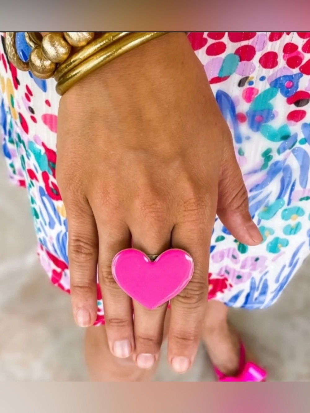 TOVA Pink Enamel Heart Gold-Tone Ring 
adjustable
